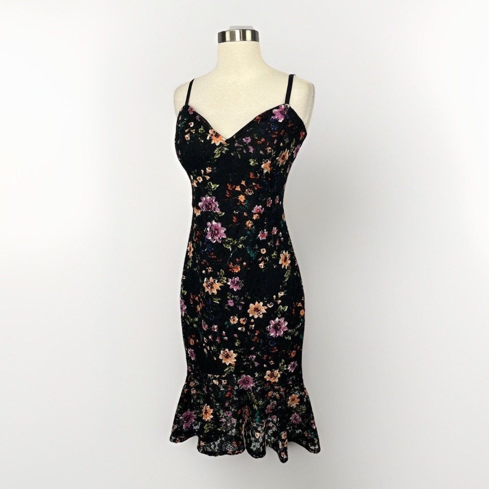 Guess Trumpet Dress Black Multicolor Floral Lace Sz 6 Y2K Romantic Whimsy - Picture 6 of 16